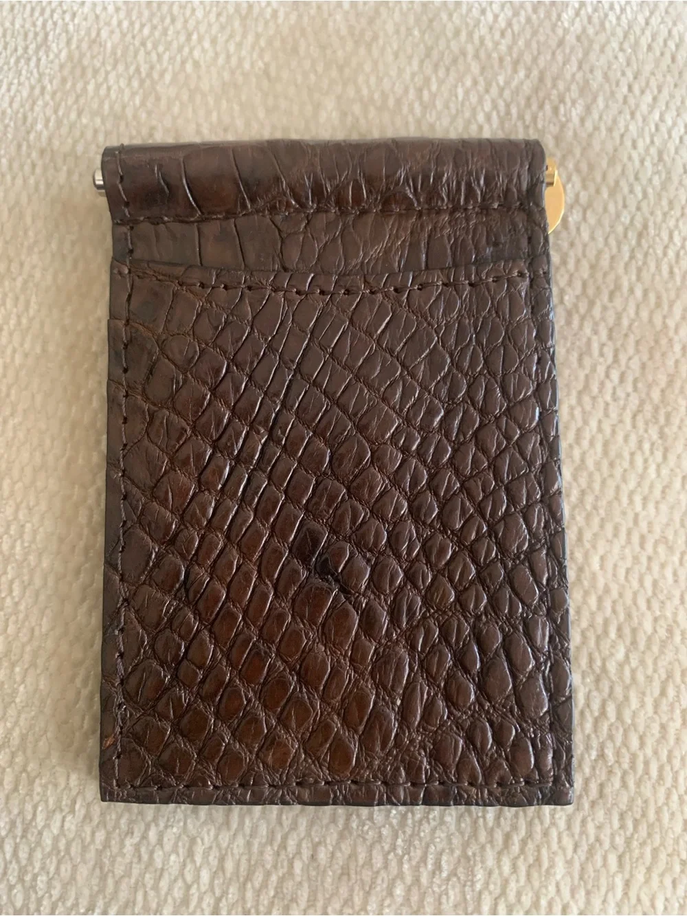 Made in USA Brown Genuine Matte Alligator Leather Brass Clip Wallet Card Case